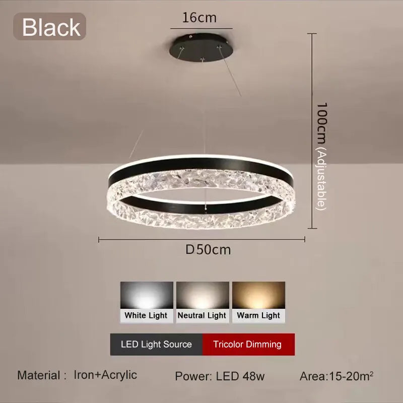Modern luxe LED ring chandelier suspended in a contemporary living room with elegant minimalist décor.