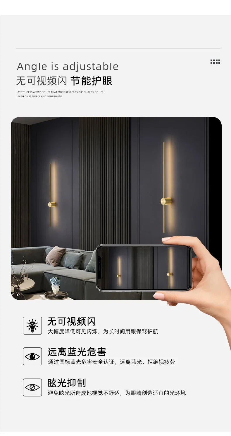 Nordic minimalist LED long wall light installed in a modern hallway with luxury interior décor.