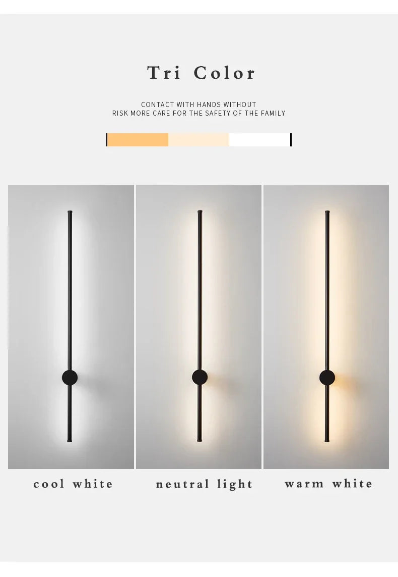 Nordic minimalist LED long wall light installed in a modern hallway with luxury interior décor.