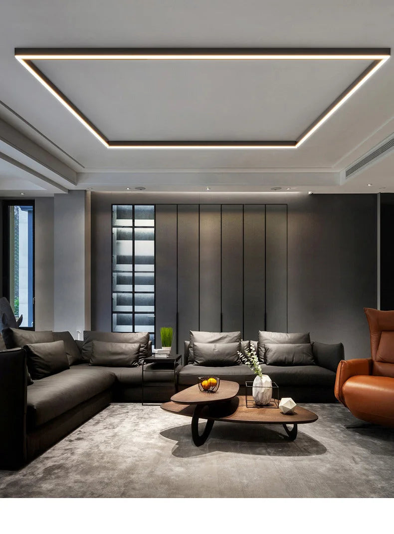Nordic modern LED ceiling light installed in a contemporary living room with minimalist interior décor.