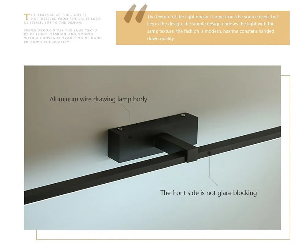Modern waterproof LED mirror light mounted above a bathroom vanity mirror with bright, even illumination.