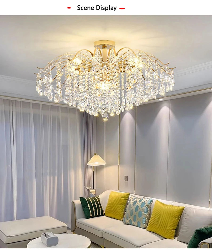 Modern luxury crystal LED chandelier installed in a stylish living room with elegant contemporary décor.