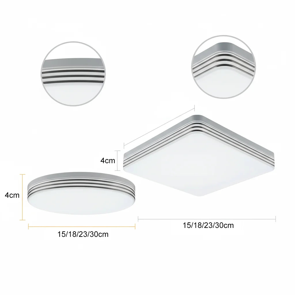 Modern Square LED Ceiling Light dimensions and design details including sizes 15/18/23/30cm.