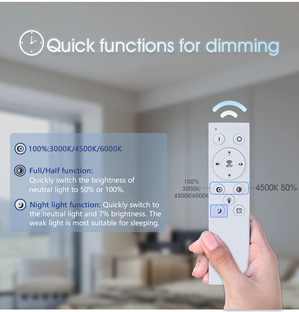 Smart dimmable LED ceiling light with remote control installed in a modern bedroom.
