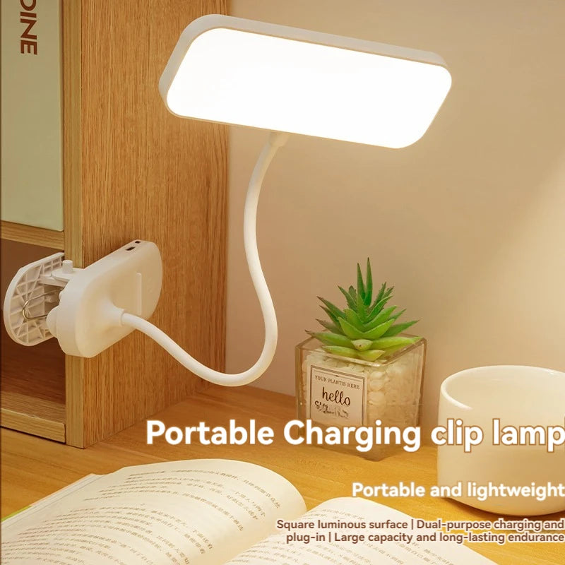 Rechargeable LED clip-on desk lamp attached to a study desk for reading and office work.