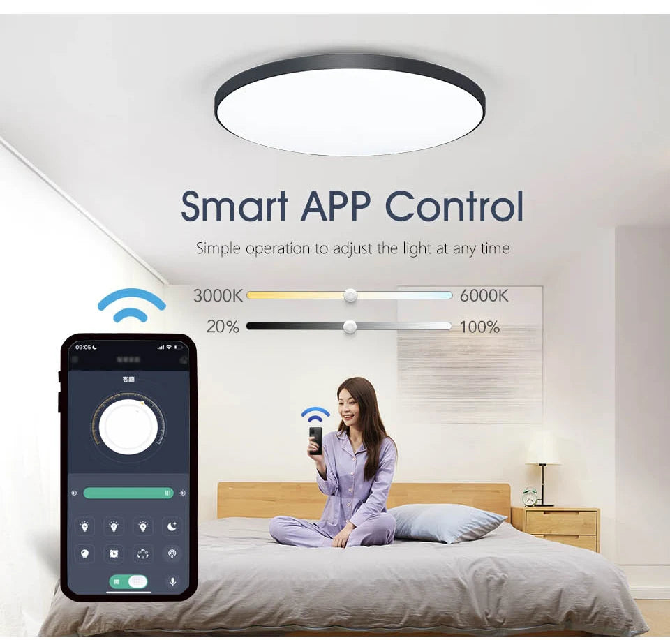 Smart dimmable LED ceiling light with remote control installed in a modern bedroom.