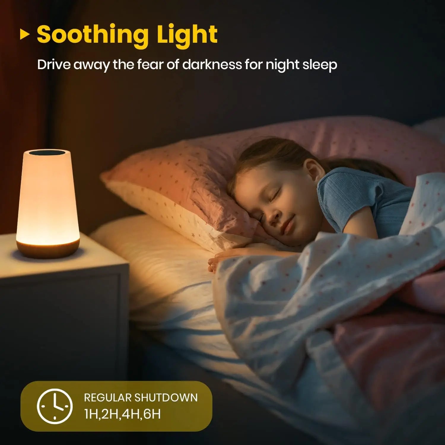 Rechargeable RGB bedside table lamp with touch control and remote displaying multiple colour lighting modes.