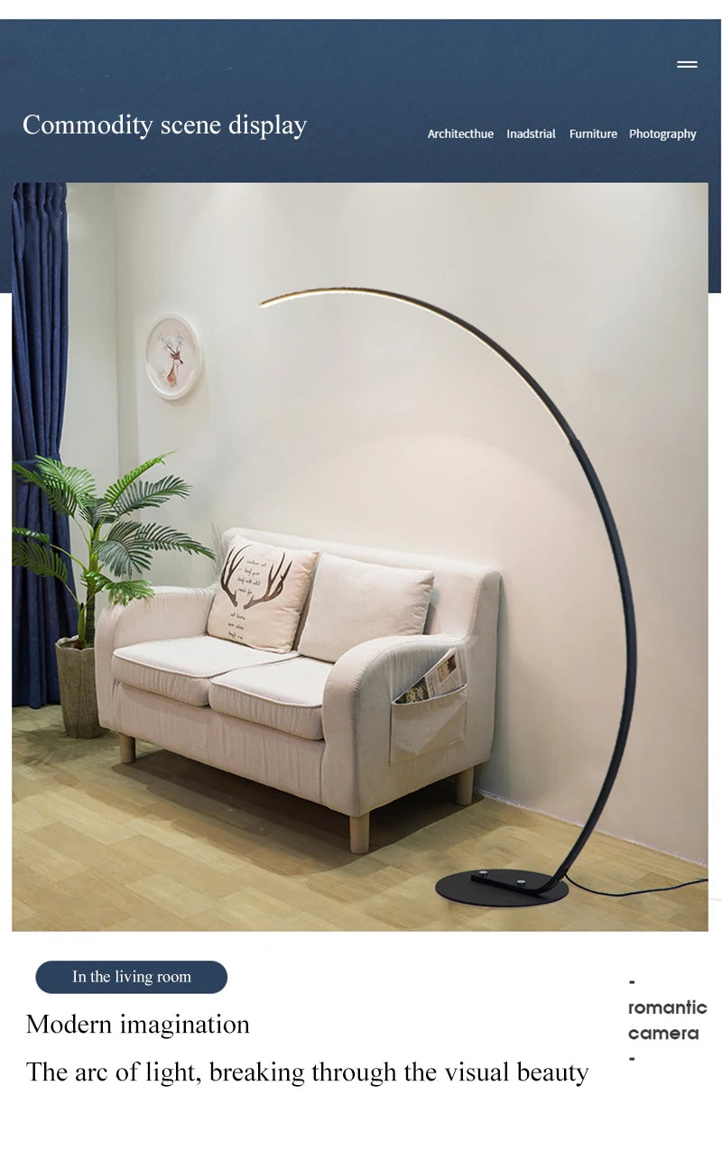 Nordic Modern Arc Shape Floor Lamp Led Dimmable Remote Control Standing Light For Living Room Bedroom Sofa Study Decor Lighting