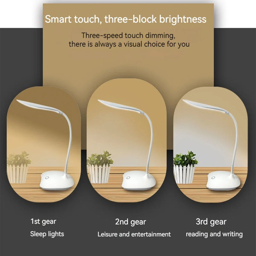 Modern LED eye care desk lamp with USB charging and touch dimming on a study desk.
