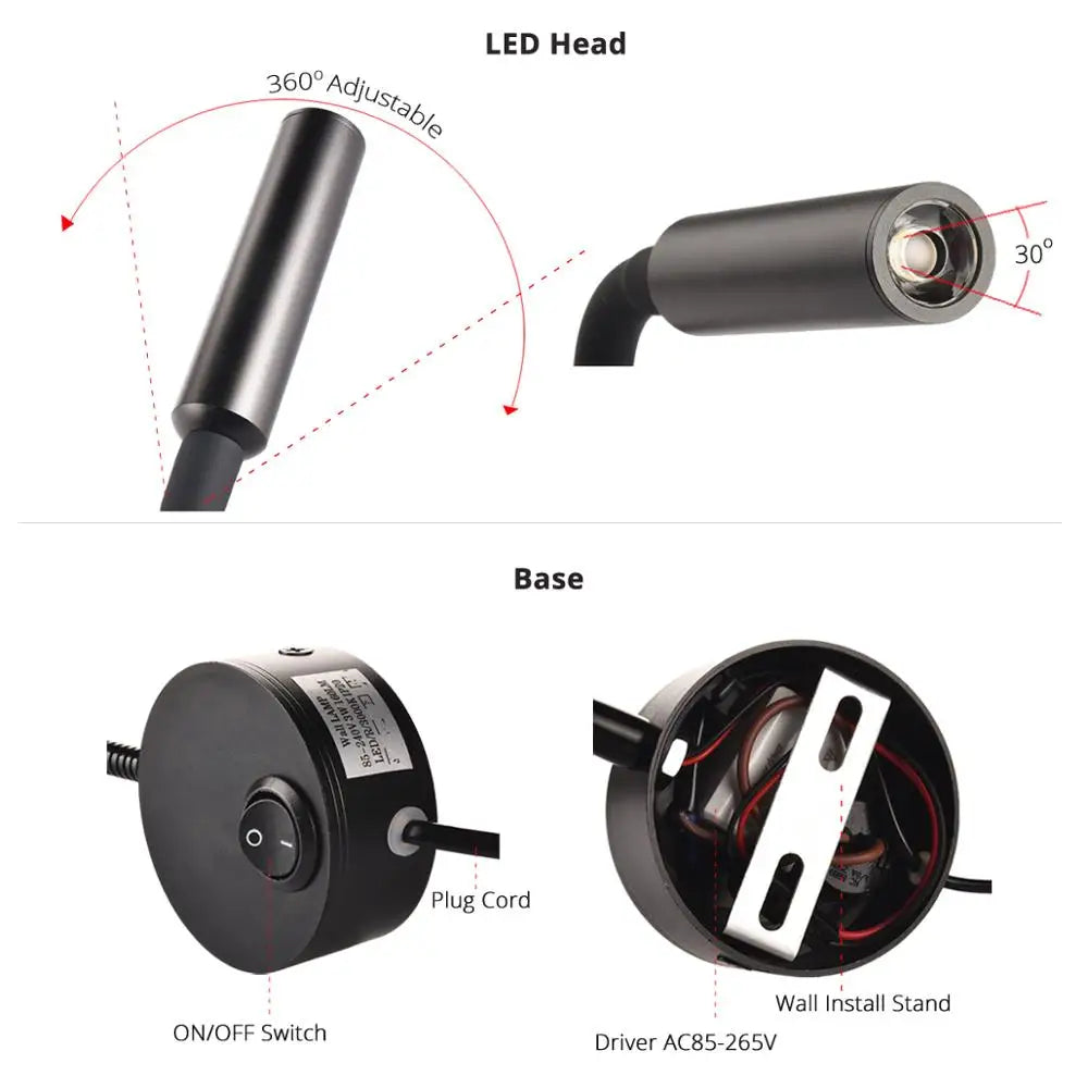 Modern LED wall reading light mounted beside a bed, providing focused lighting for reading.