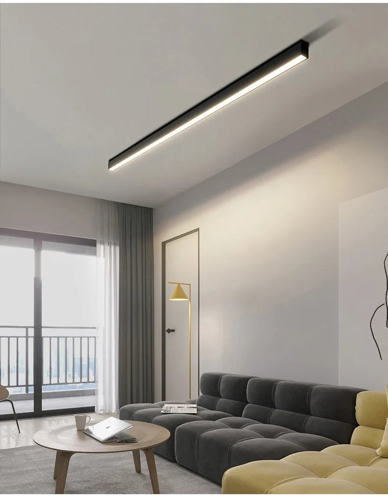 Nordic modern LED ceiling light installed in a contemporary living room with minimalist interior décor.
