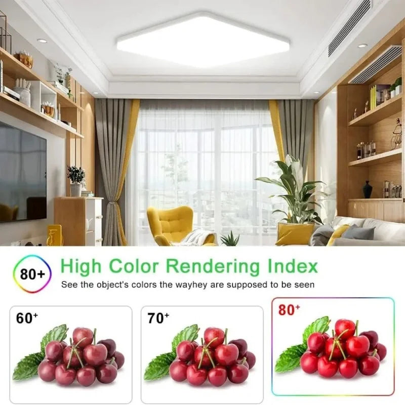 Modern LED flush mount ceiling light installed in a stylish living room with bright energy-efficient illumination.