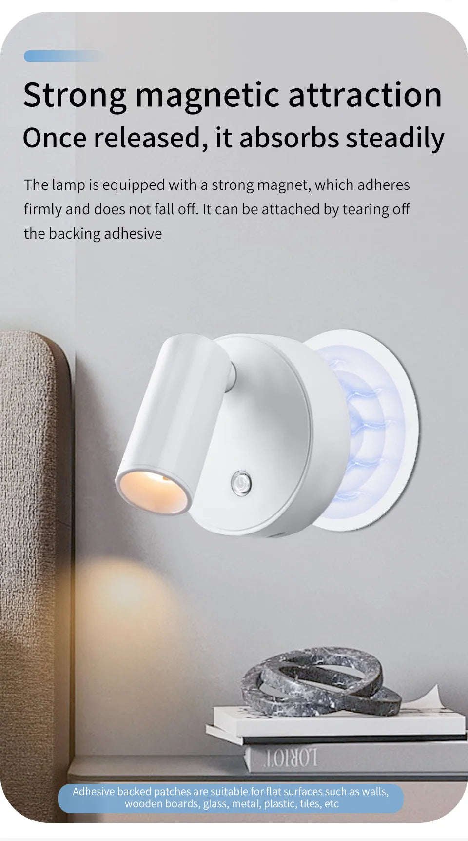Magnetic rechargeable LED wall light mounted beside a bed with touch control and adjustable brightness.