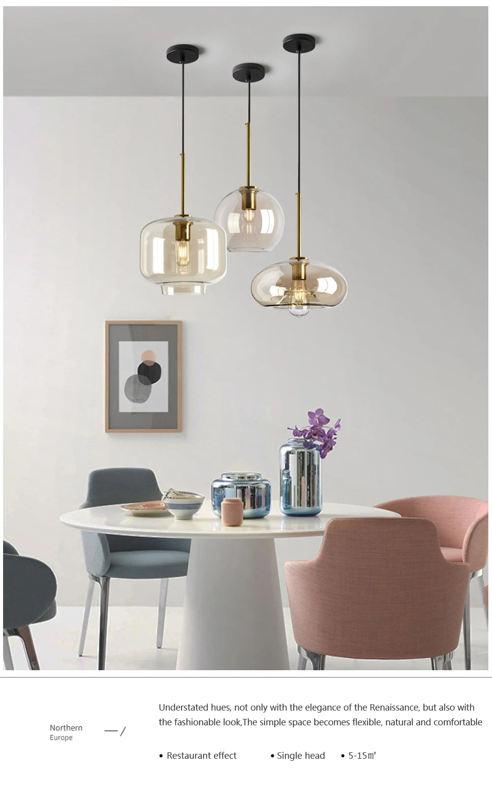 Nordic glass pendant light suspended above a kitchen island in a modern Scandinavian-inspired home.