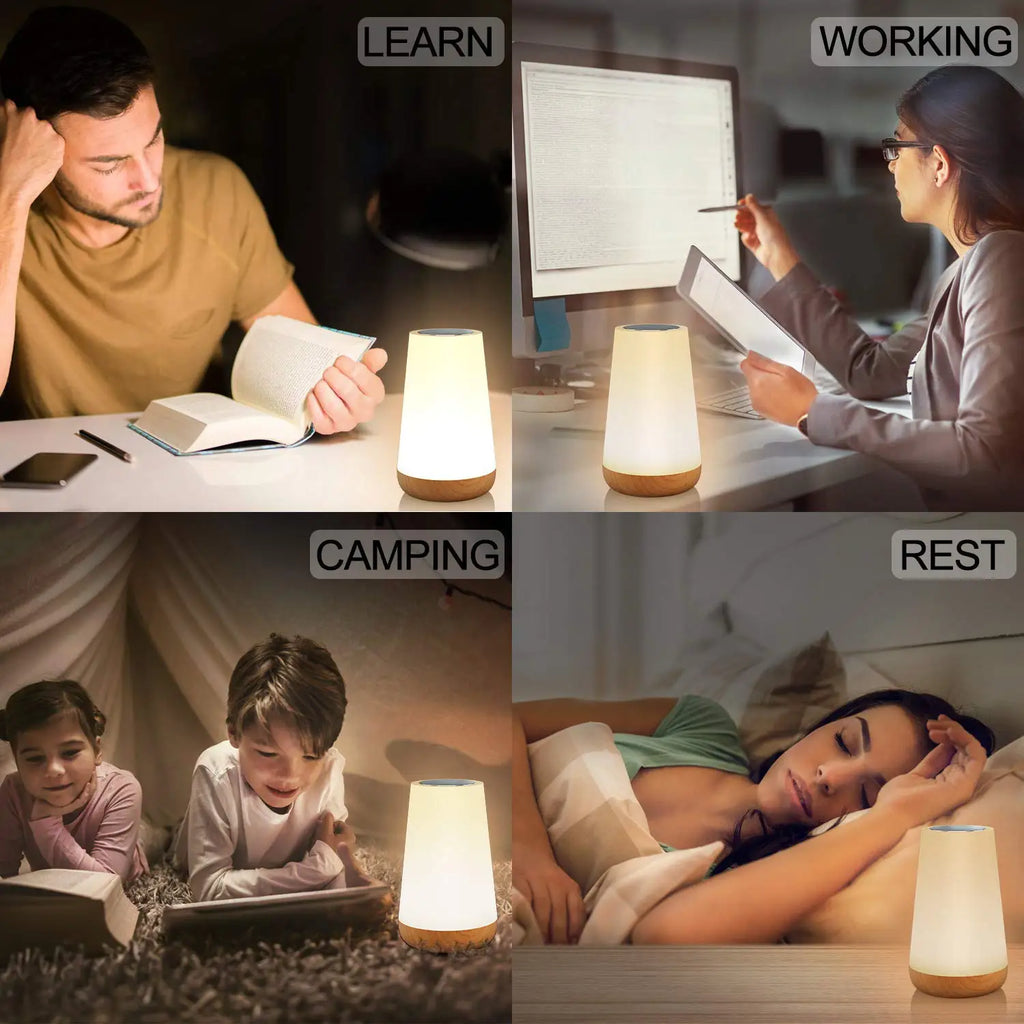Rechargeable RGB Bedside Table Lamp used in various settings: learning, working, camping, and resting.