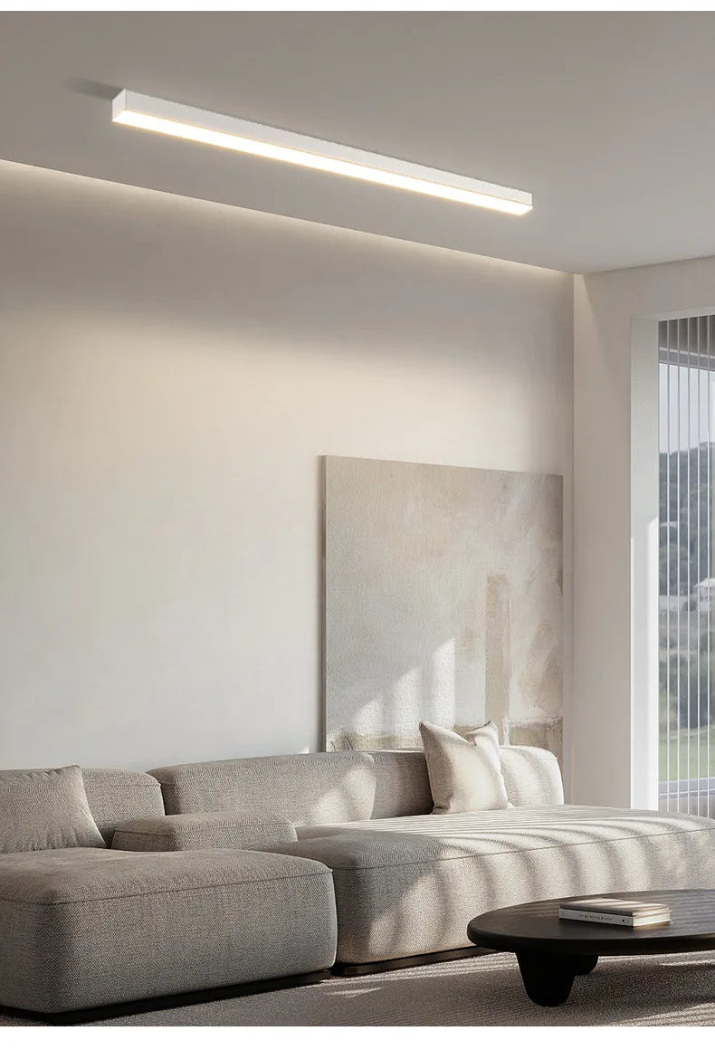 Nordic modern LED ceiling light installed in a contemporary living room with minimalist interior décor.