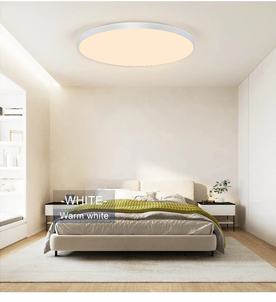 Smart dimmable LED ceiling light with remote control installed in a modern bedroom.