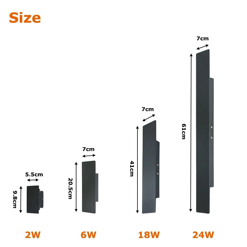 Modern black aluminum IP65 waterproof LED wall light mounted on an exterior wall with an up-and-down lighting effect.