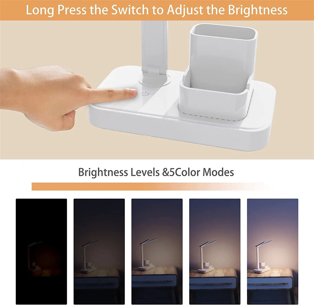 LED Desk Lamp with Clock, Calendar & Touch Dimmable Light USB