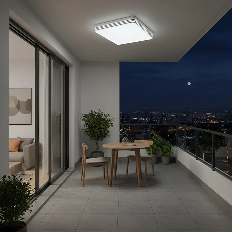 Modern square LED ceiling light installed in a contemporary living room with bright energy-efficient lighting.