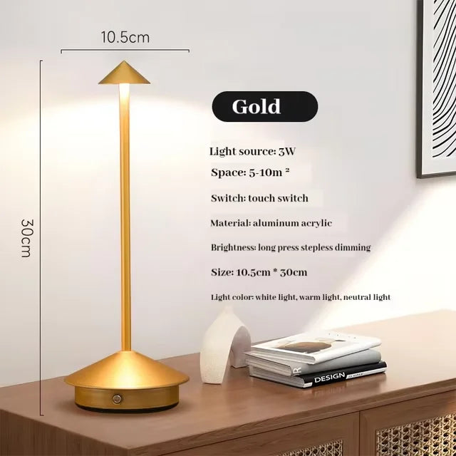 Rechargeable touch LED table lamp placed on a modern dining table in a stylish café-inspired interior.