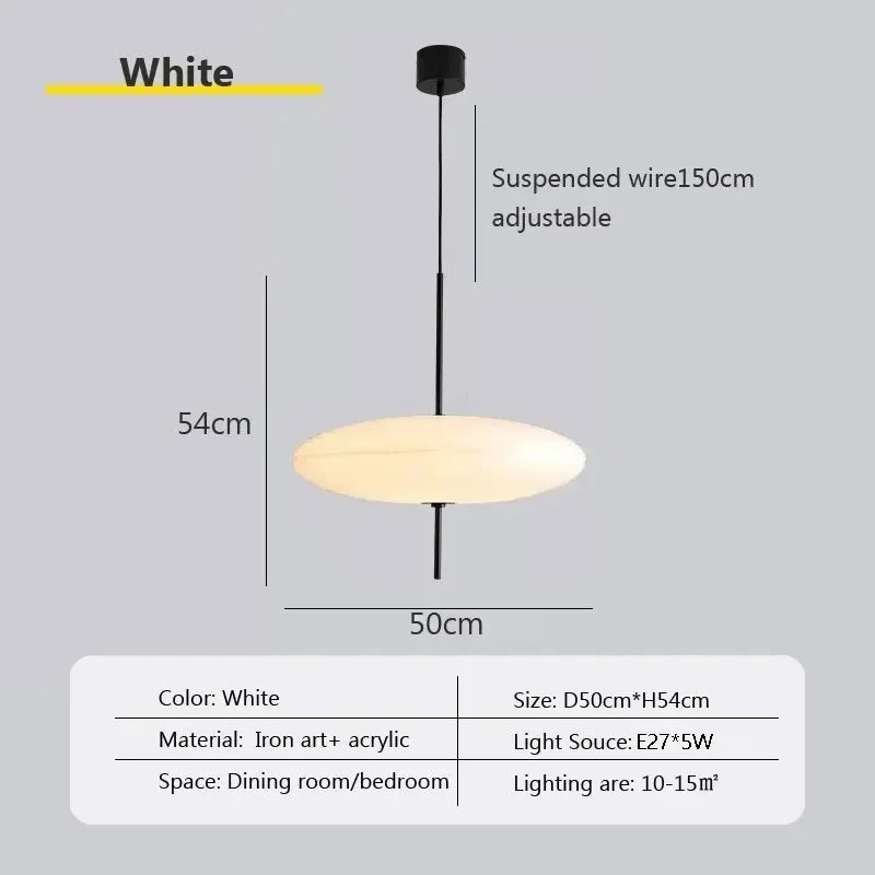 Nordic flying saucer LED pendant light hanging in a modern living room with minimalist décor.