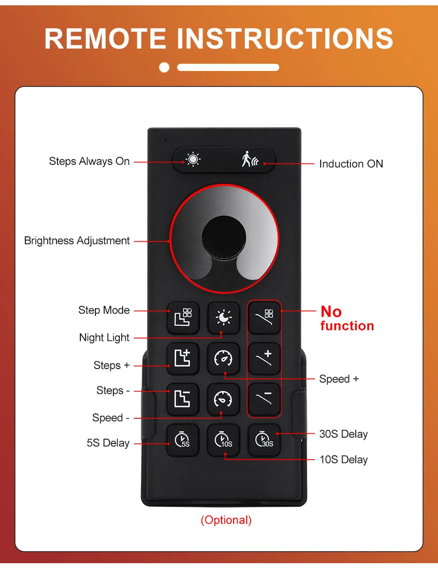 Remote control for LED stair lighting kit with detailed button functions and settings.
