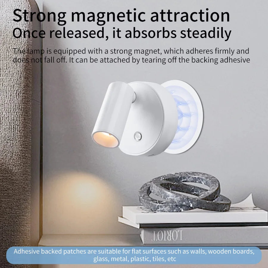 Magnetic rechargeable LED wall light mounted beside a bed with touch control and adjustable brightness.