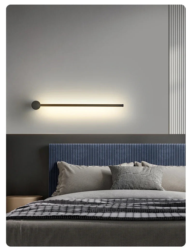 Nordic minimalist LED long wall light installed in a modern hallway with luxury interior décor.