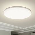 Modern round LED ceiling light installed in a contemporary living room with bright energy-efficient illumination.